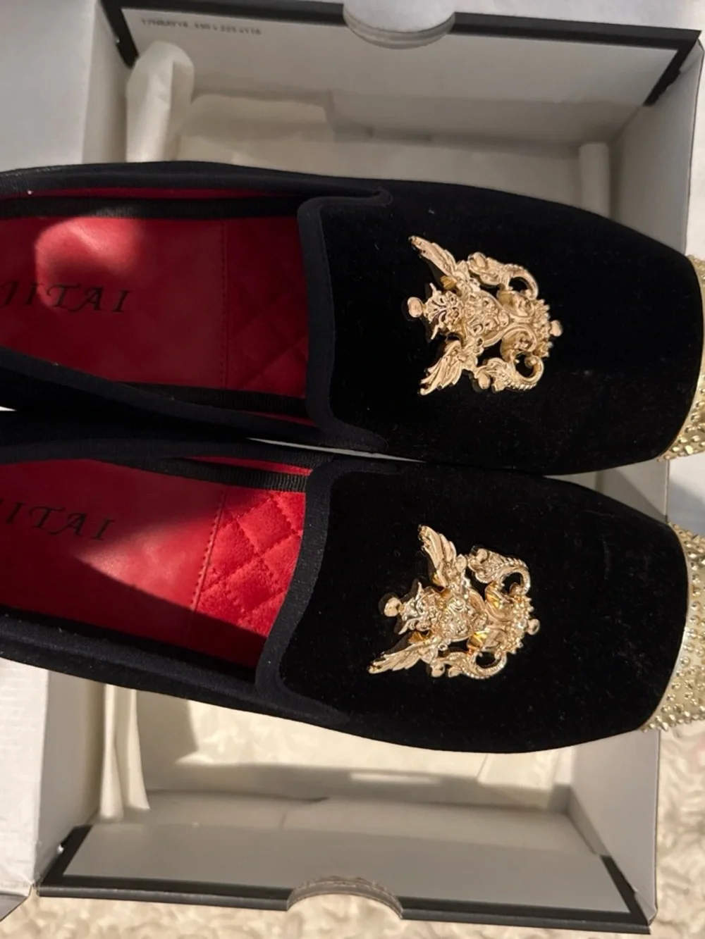 Black Velvet Moccasins with Gold Crest and Studded Toe